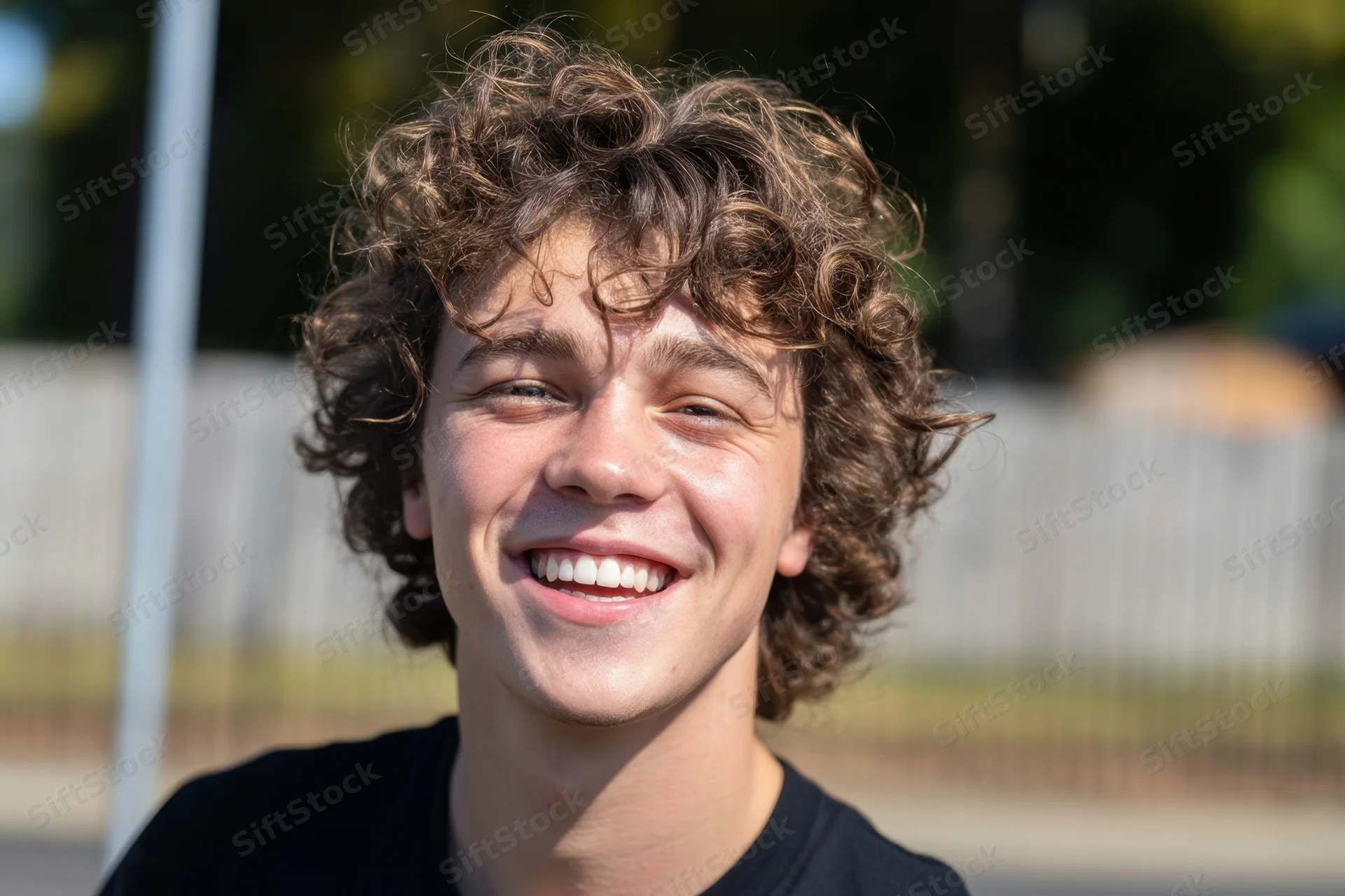 Young man smiling with curly brown hair outdoors in a park setting