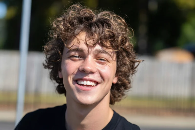 Young man smiling with curly brown hair outdoors in a park setting