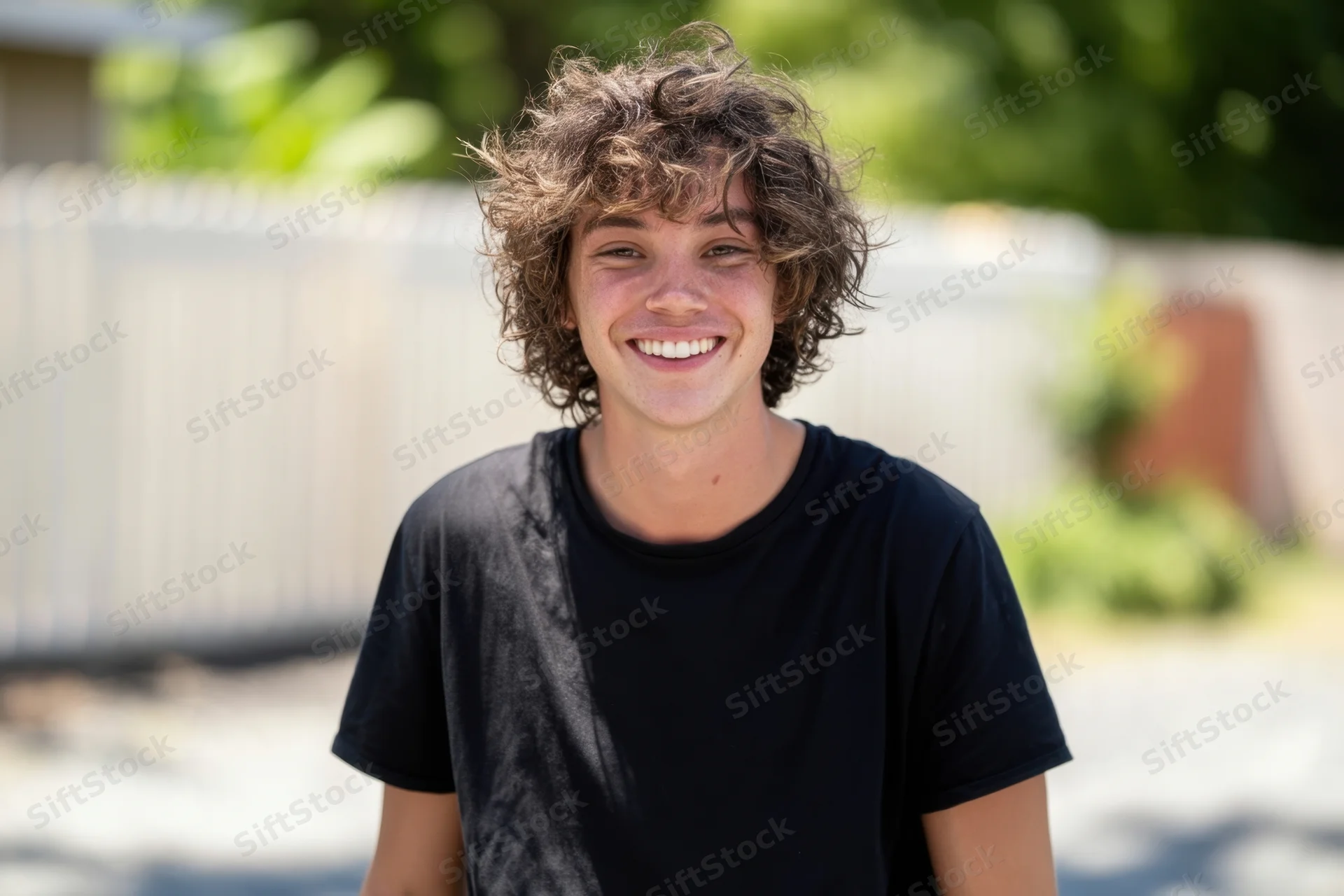 Young man smiling with curly brown hair in a black t-shirt outdoors