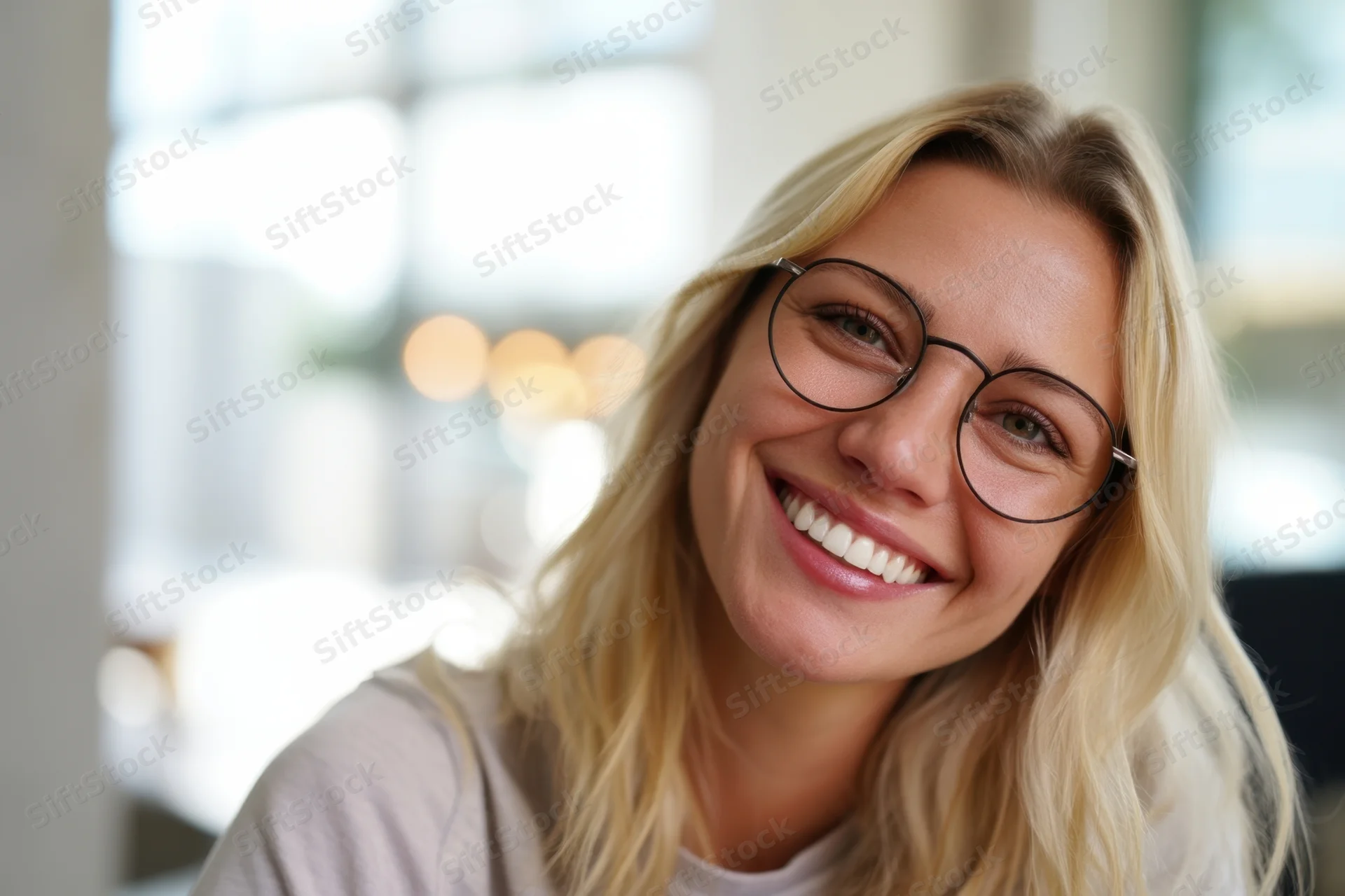 Smiling young woman with long blonde hair and round glasses in an office setting