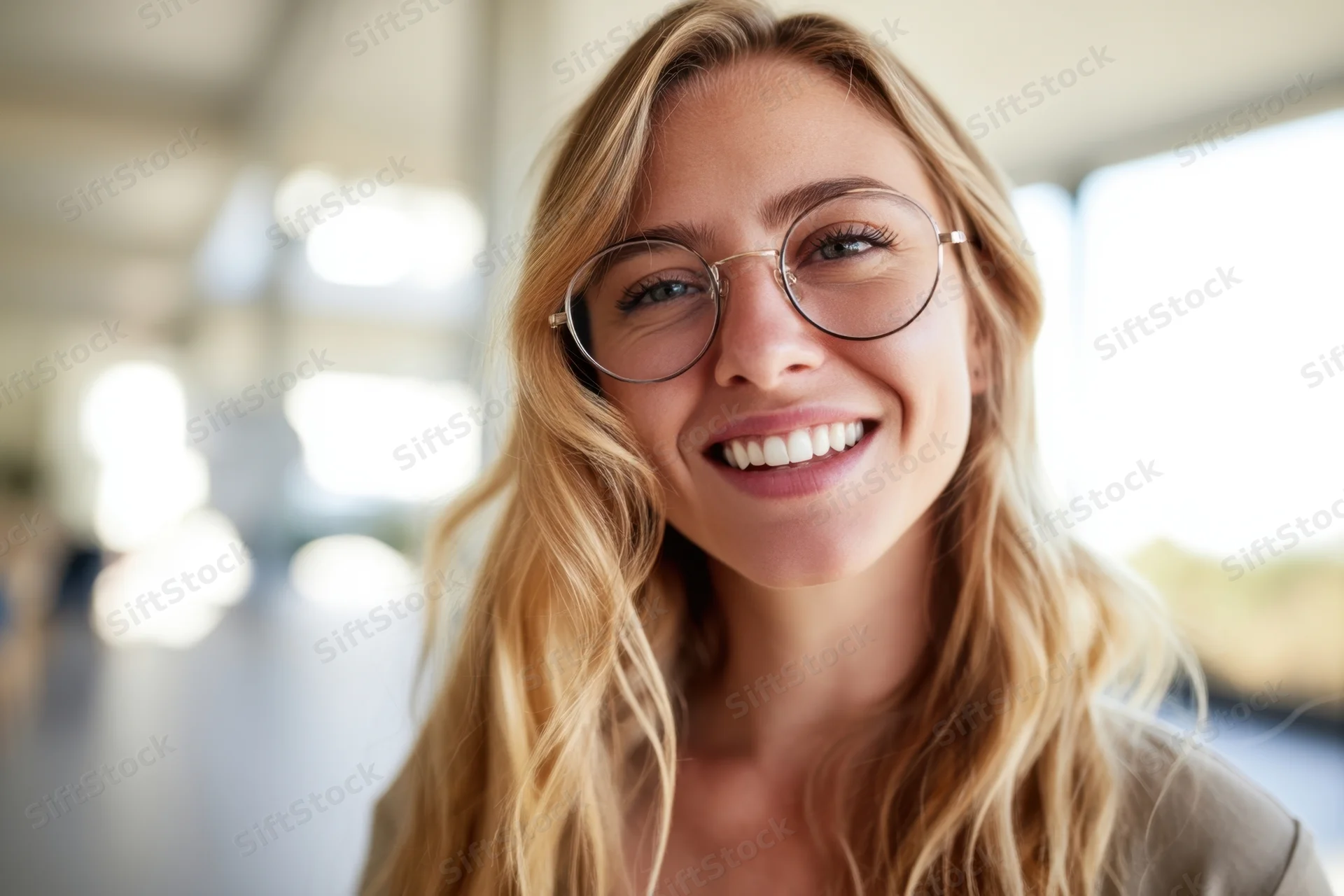 Smiling young woman with long blonde hair and round glasses in an office setting