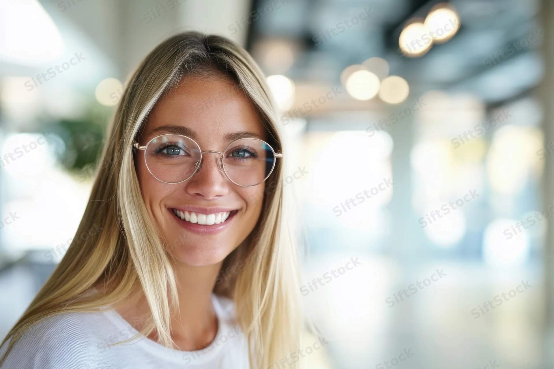 Smiling young woman with long blonde hair and round glasses in a bright office interior