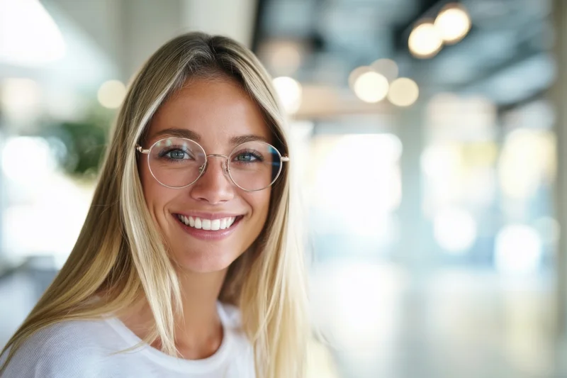 Smiling young woman with long blonde hair and round glasses in a bright office interior