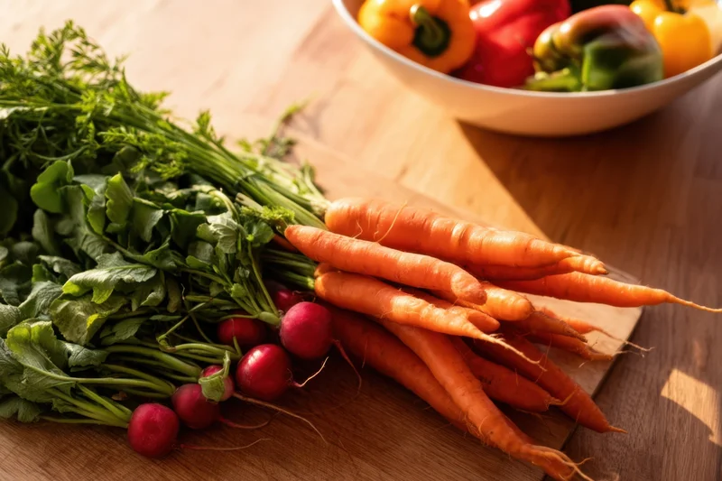 Fresh carrots and radishes with leafy greens on a wooden cutting board beside a bowl of bell peppers