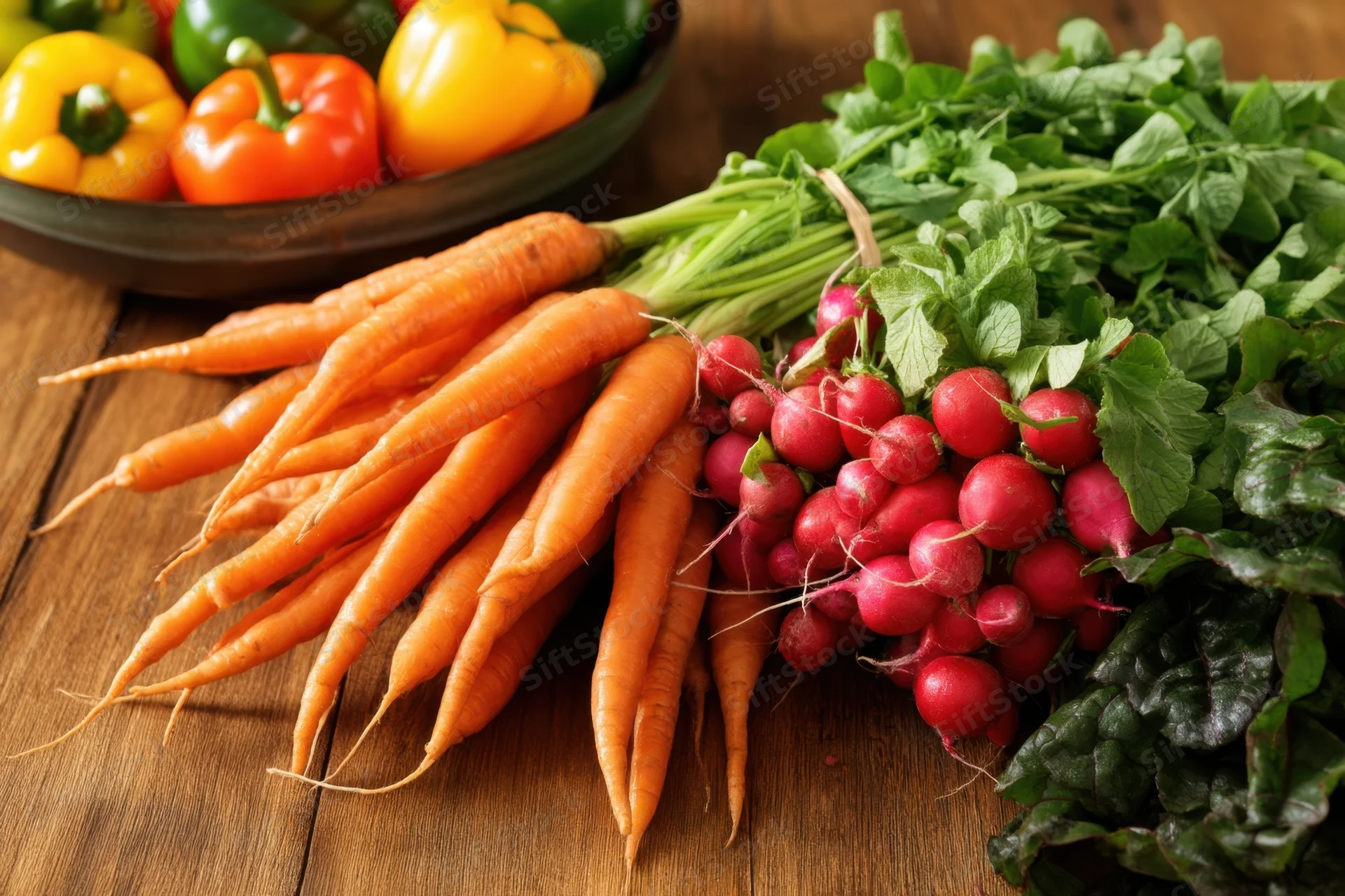 Fresh carrots, radishes and bell peppers arranged on a wooden table