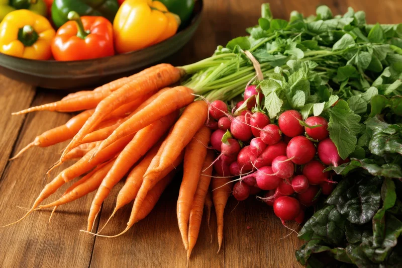 Fresh carrots, radishes and bell peppers arranged on a wooden table