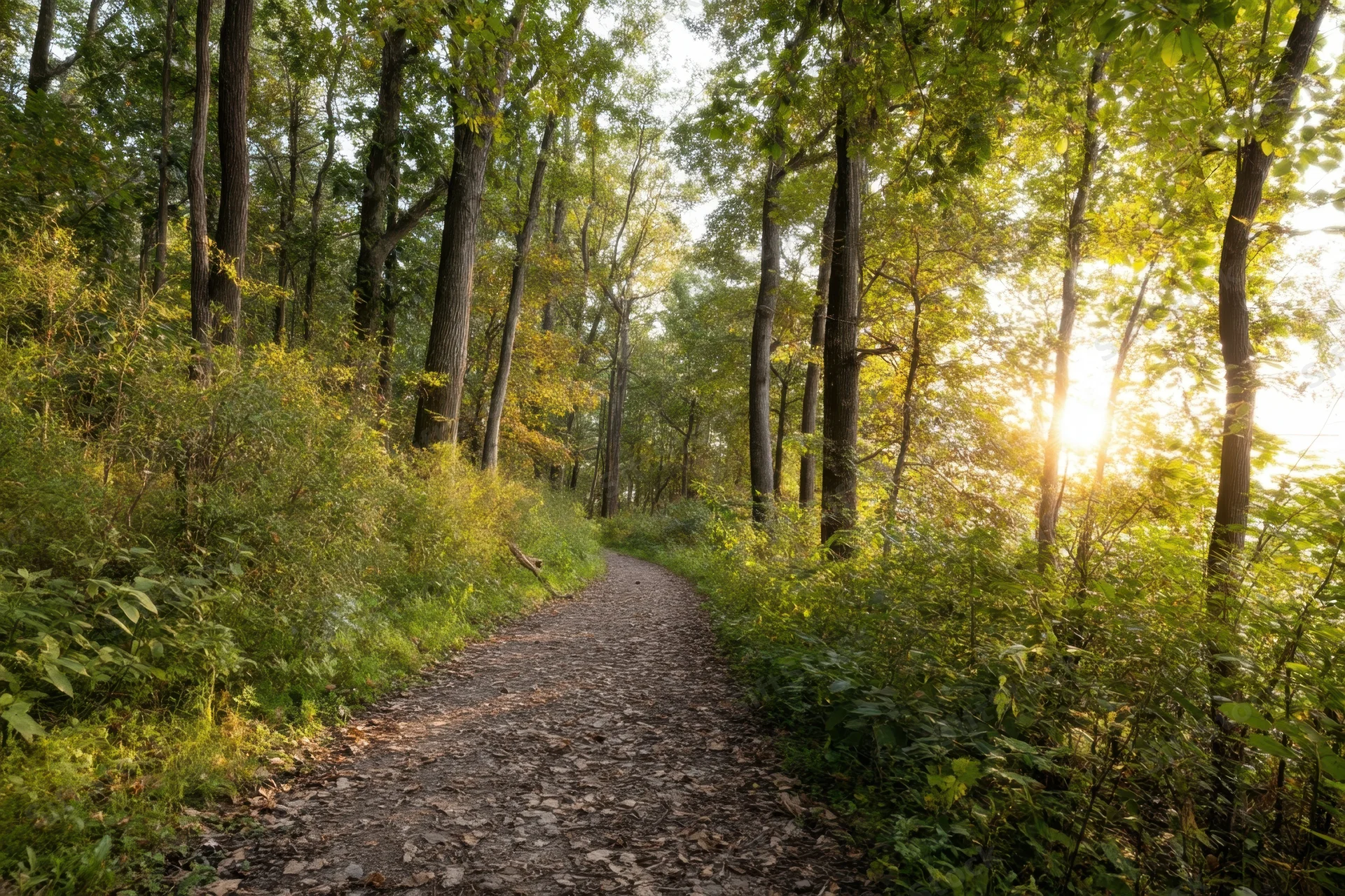 Winding dirt path through sunlit forest with tall trees and dappled light