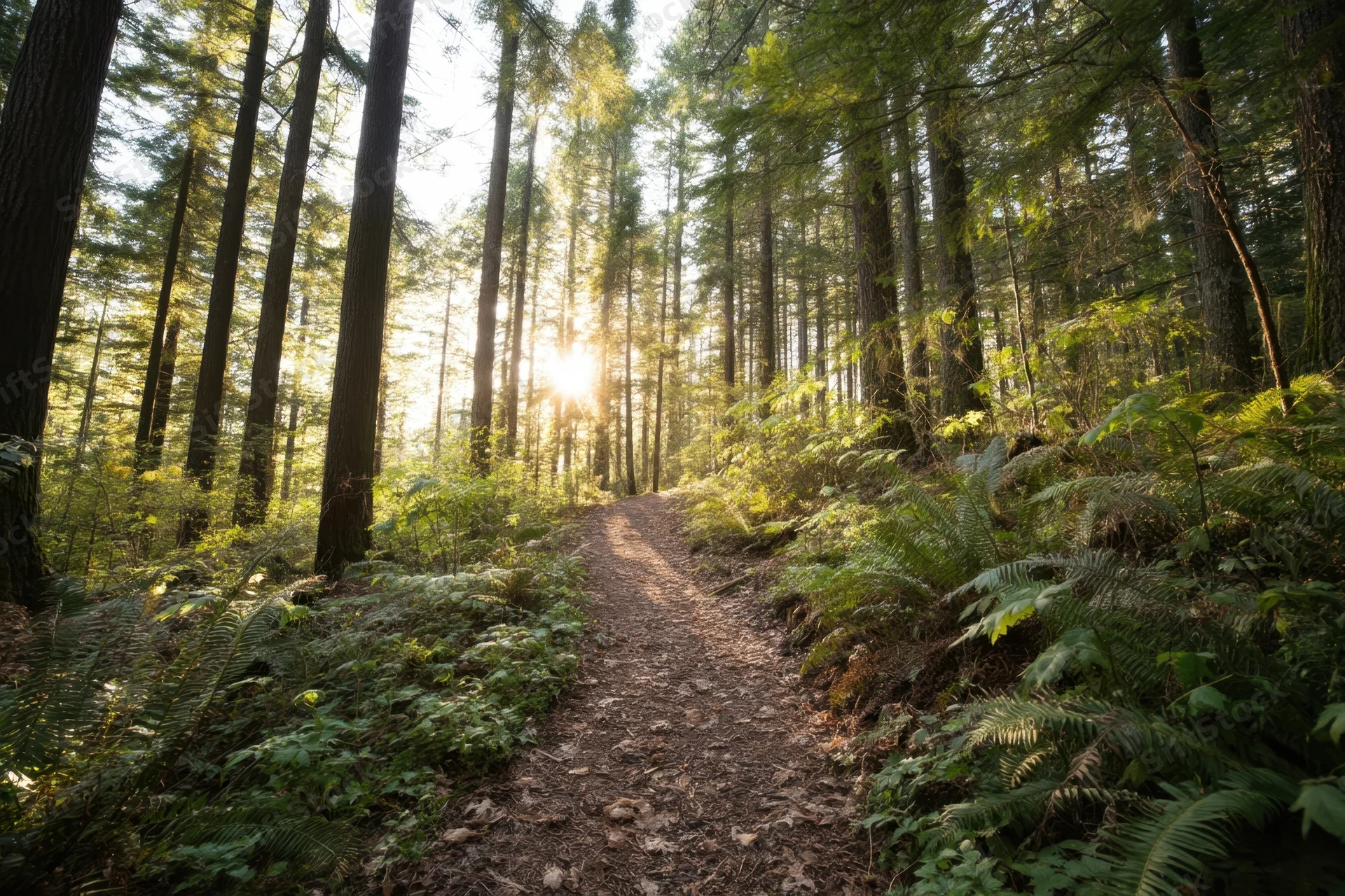 Sunlit path winding through tall trees in a dense forest with ferns and dappled light