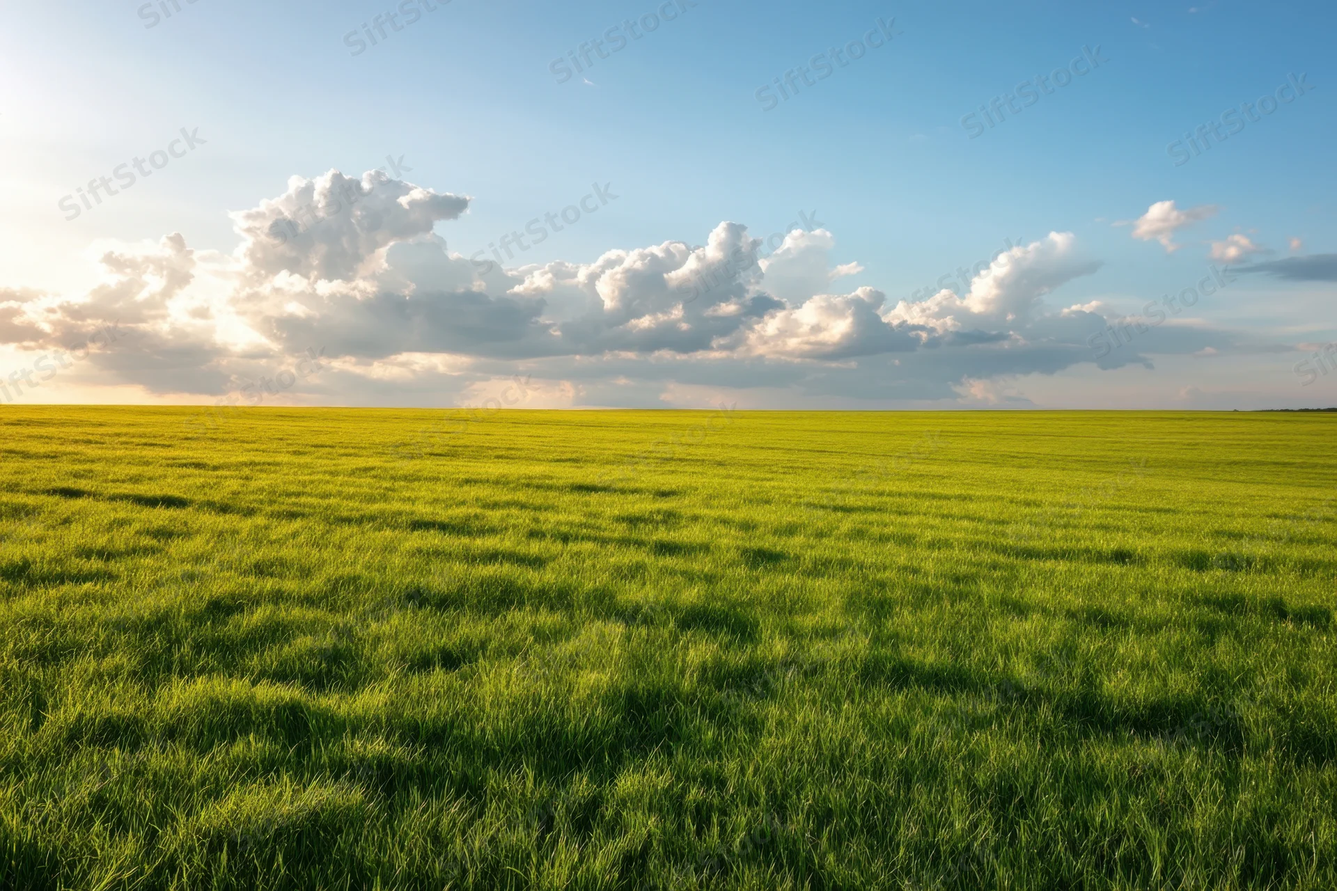 Sunlit green field stretching to the horizon under a blue sky with scattered clouds