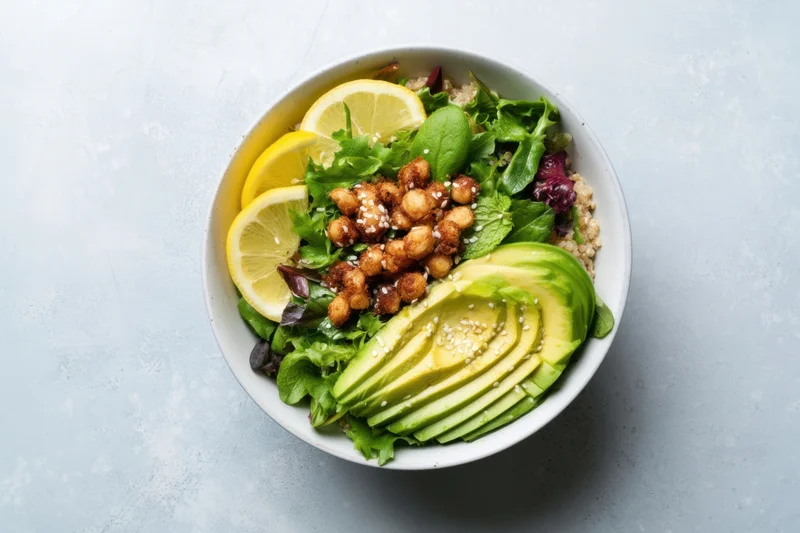 A salad bowl with avocado slices, lemon, chickpeas and greens on a light surface