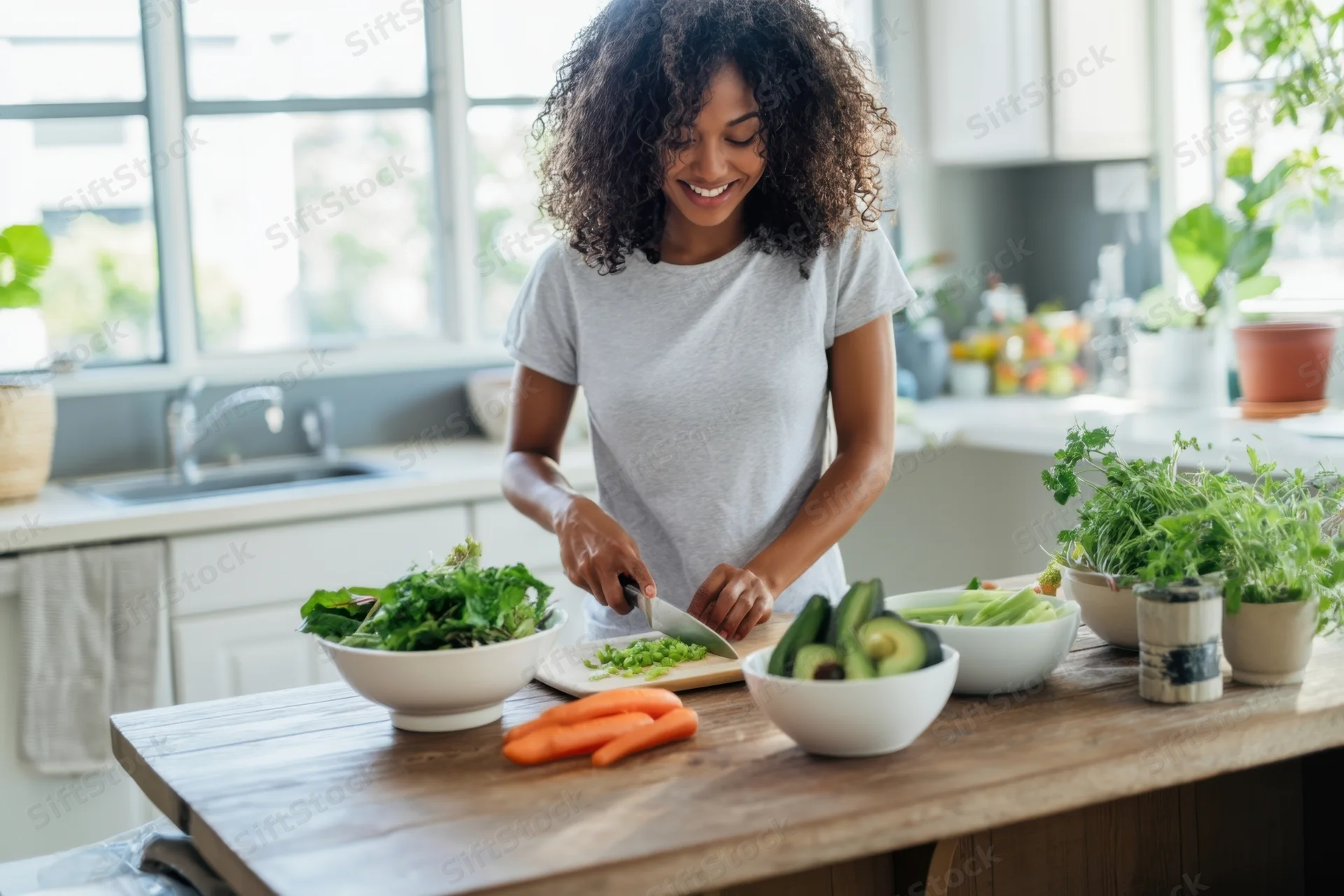 Woman chopping vegetables on wooden countertop in kitchen