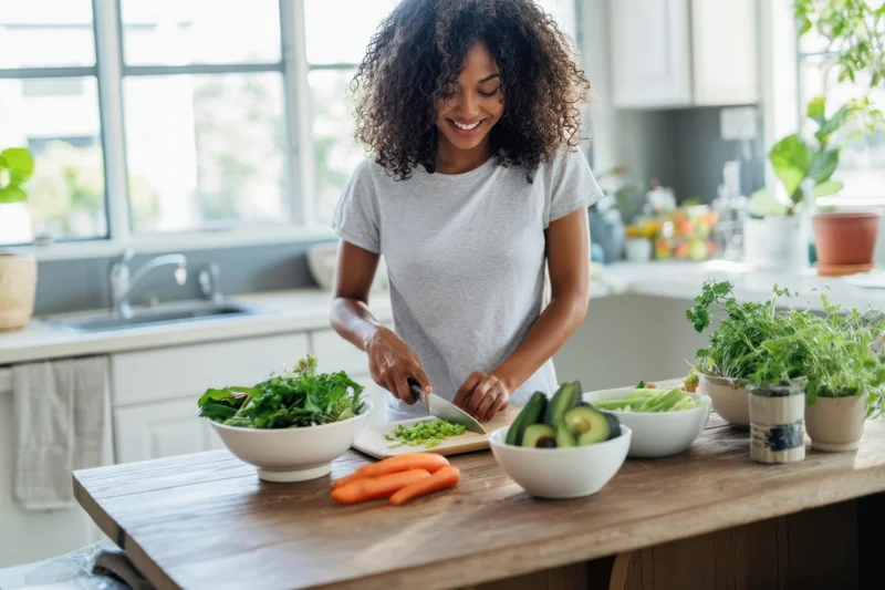 Woman chopping vegetables on wooden countertop in kitchen