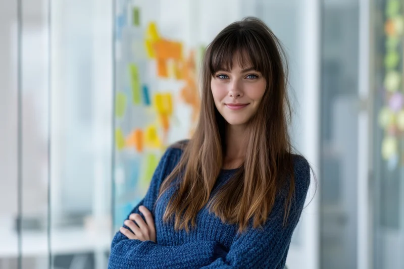 Woman in blue sweater standing with arms crossed in office near whiteboard with sticky notes