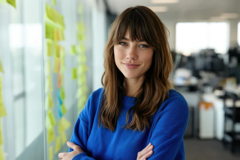 Woman in blue sweater smiling with arms crossed beside a glass wall covered in sticky notes in an office workspace