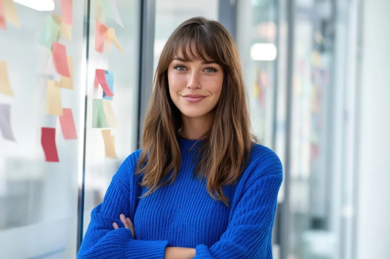 Woman in blue sweater smiling with arms crossed in office near whiteboard with sticky notes