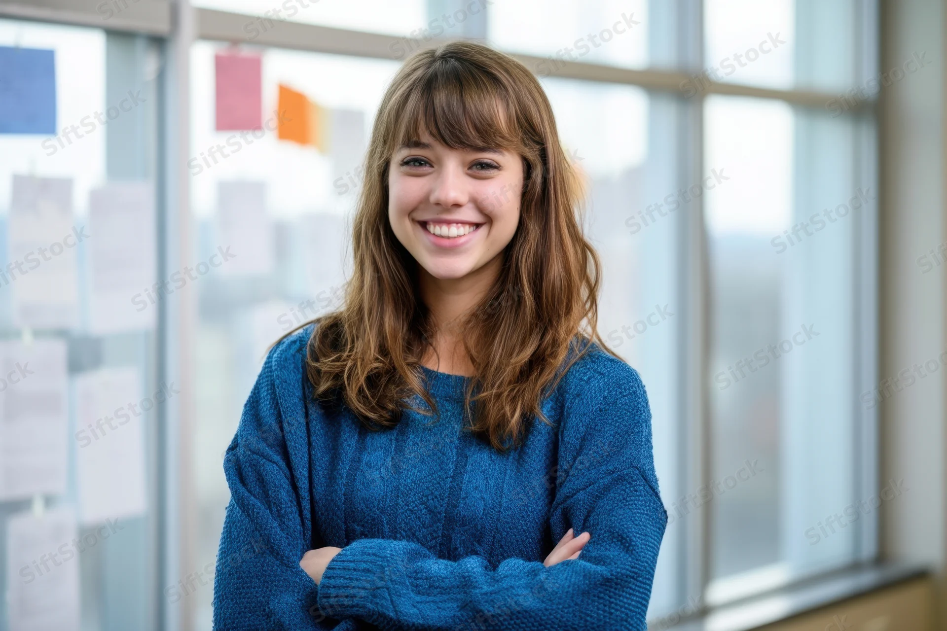 Woman smiling with arms crossed in front of glass wall with sticky notes in office