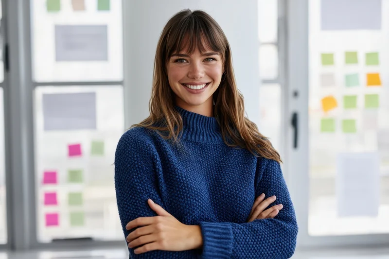 Woman smiling with arms crossed in modern office with sticky notes on glass doors