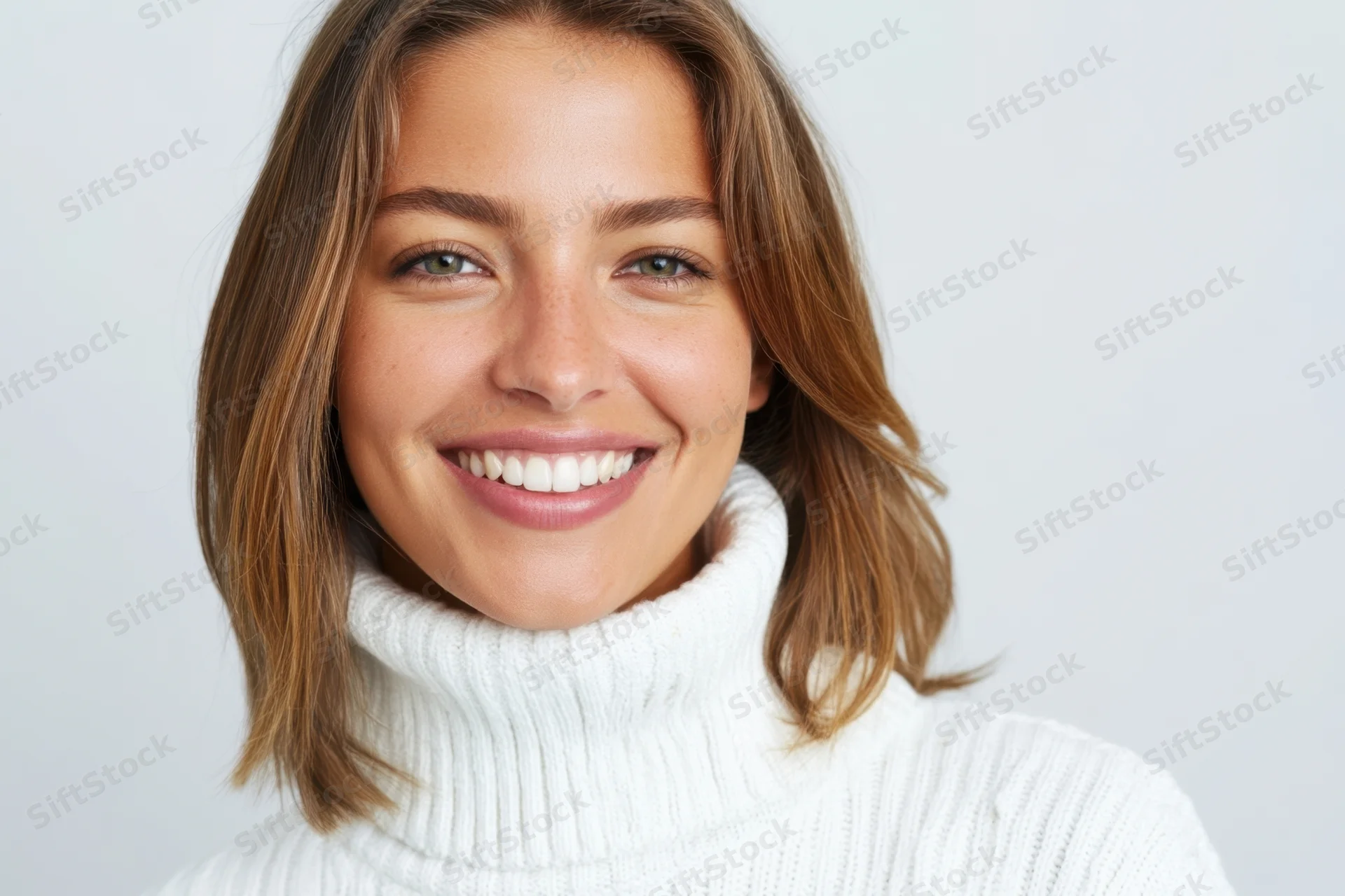 Woman smiling with shoulder-length brown hair wearing white turtleneck sweater in studio portrait