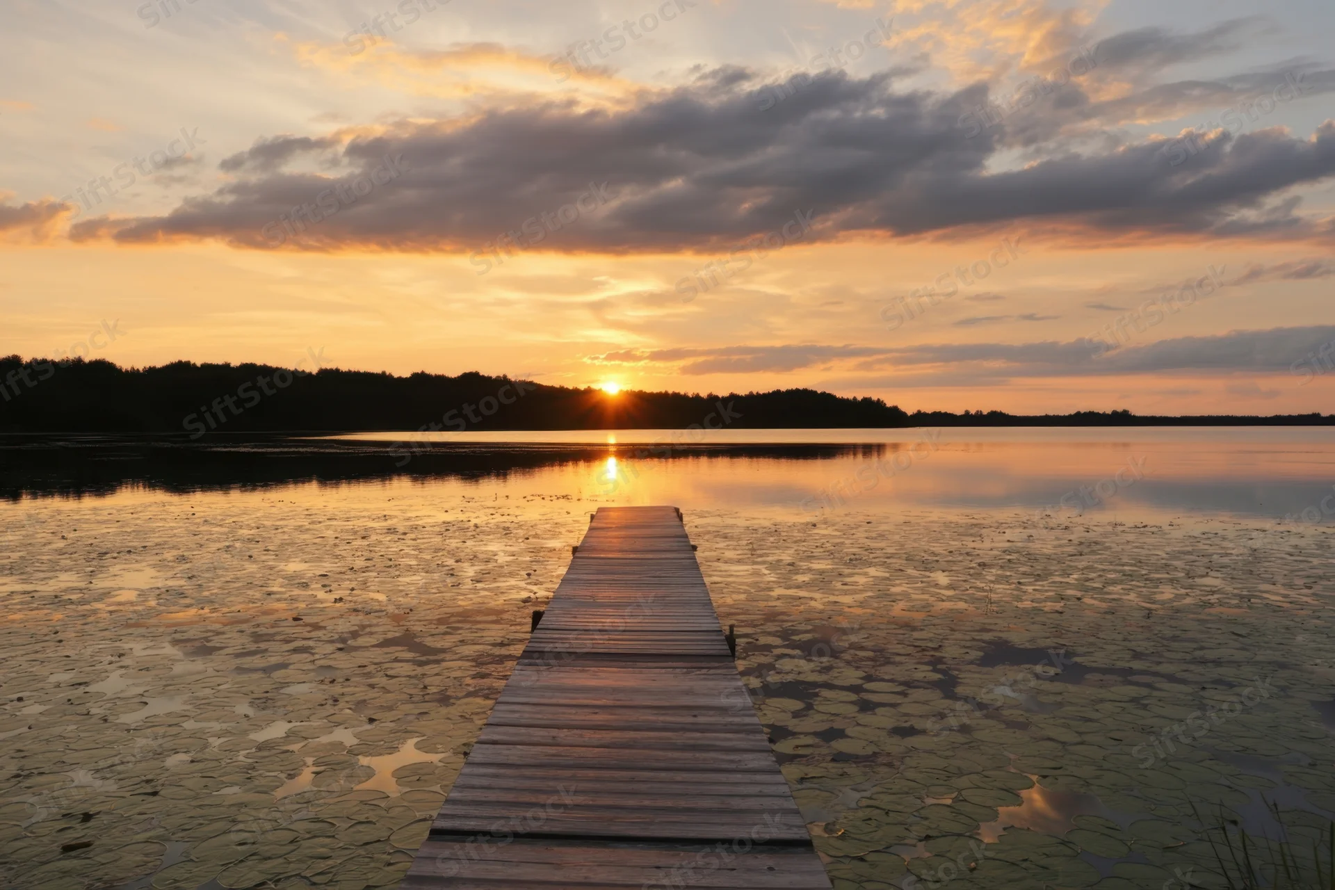 Wooden dock extending over still lake at sunset with lily pads and tree-lined shore in background