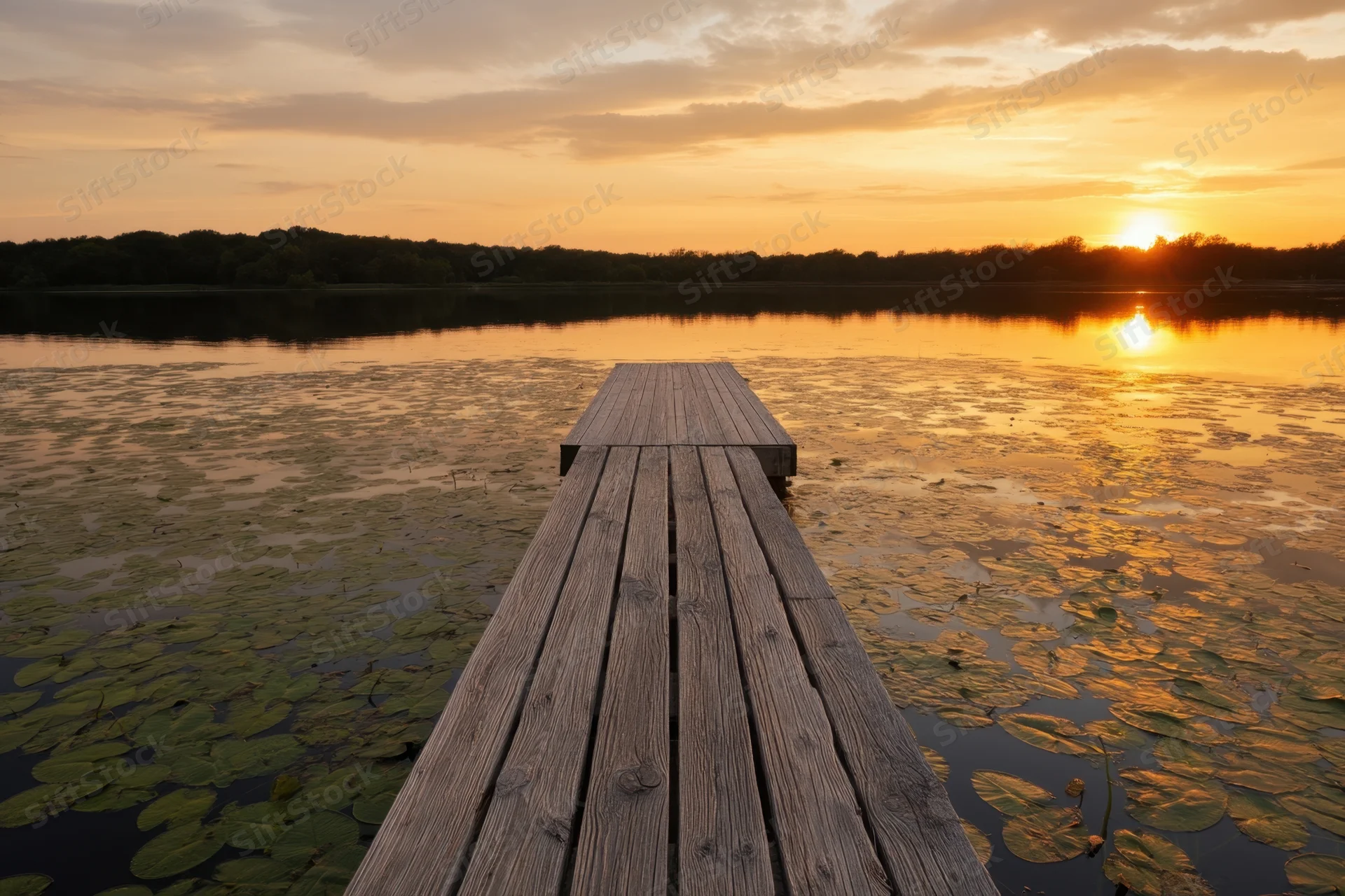 Wooden dock extending over a still lake covered in lily pads at sunset