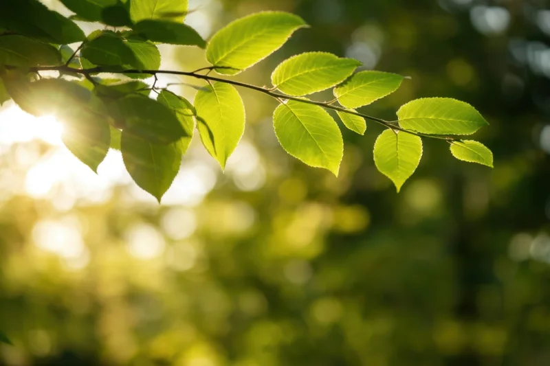 Sunlit green leaves on a branch in a forest setting