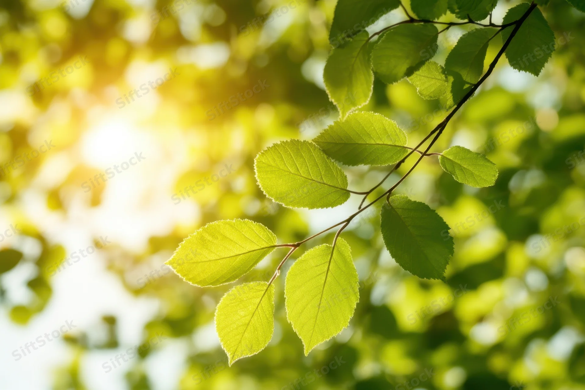 Close-up of bright green leaves on a sunlit branch with soft background bokeh