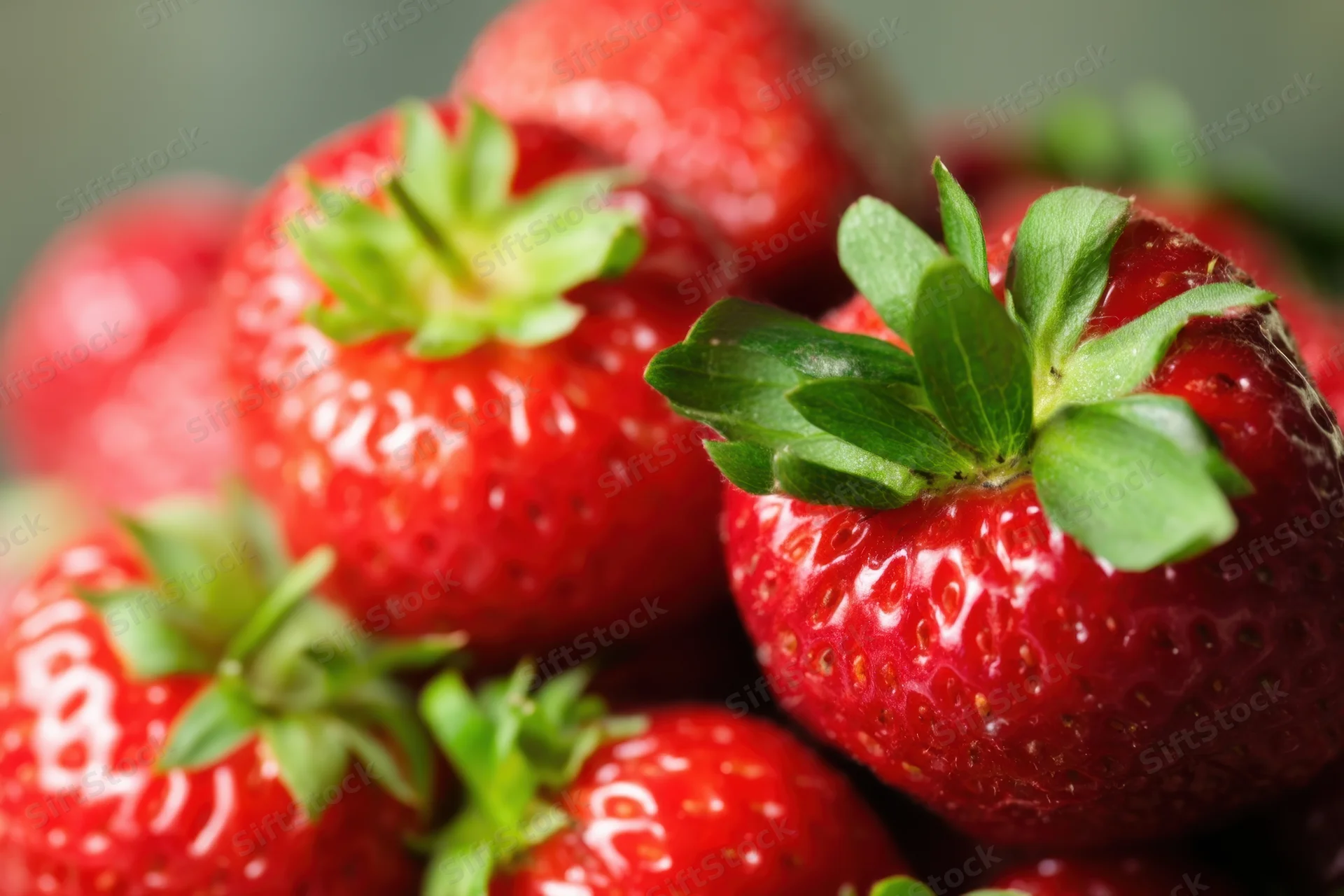 Close-up of ripe strawberries with glossy red surface and green leaves clustered together