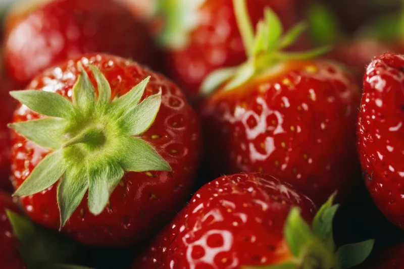 Close-up of ripe strawberries with glossy red surface and green leaves