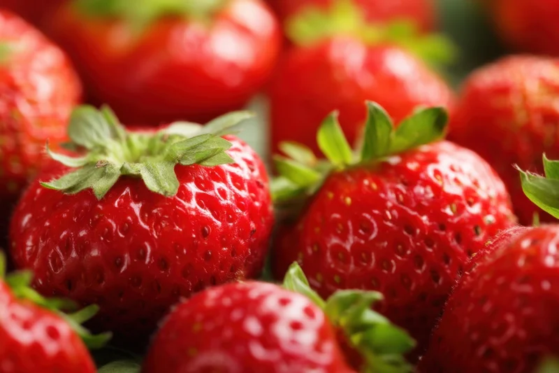 Close-up of ripe strawberries with glossy red surface and green leaves