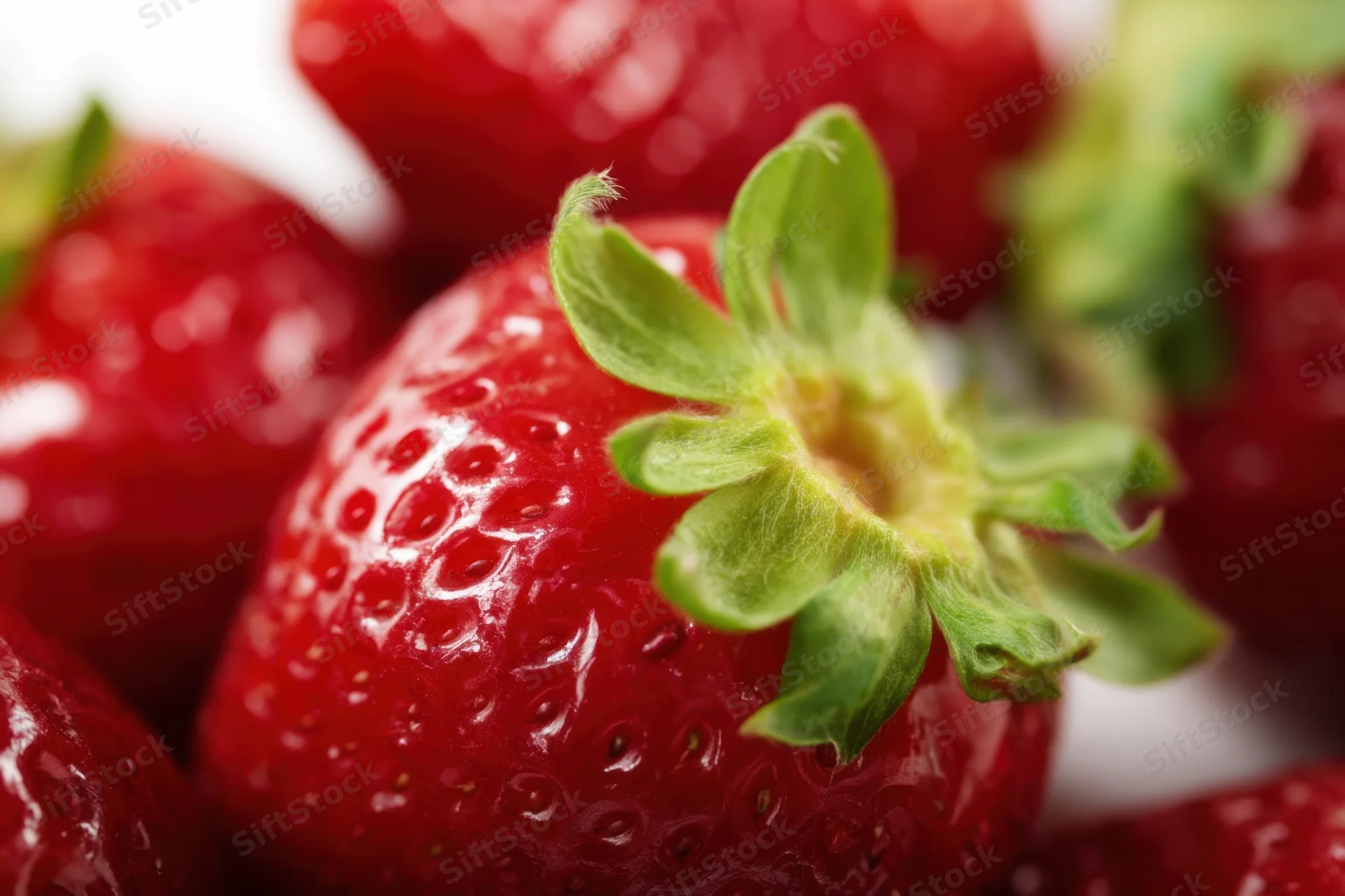 Close-up of ripe strawberries with glossy red surface and green stems on white background