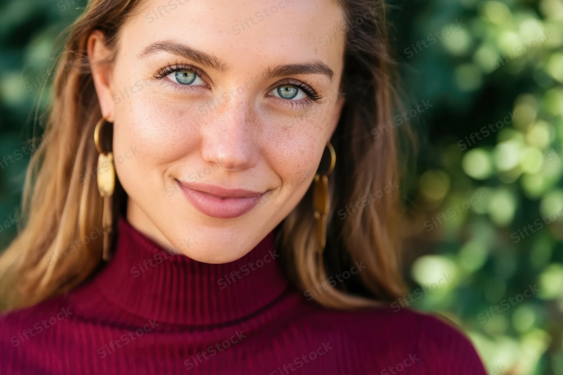 Young woman smiling in close-up portrait outdoors with freckles and blue-green eyes