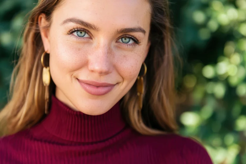 Young woman smiling in close-up portrait outdoors with freckles and blue-green eyes