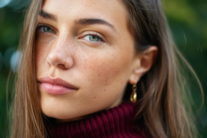 Close-up portrait of a young woman with freckles and blue-green eyes wearing a maroon turtleneck outdoors