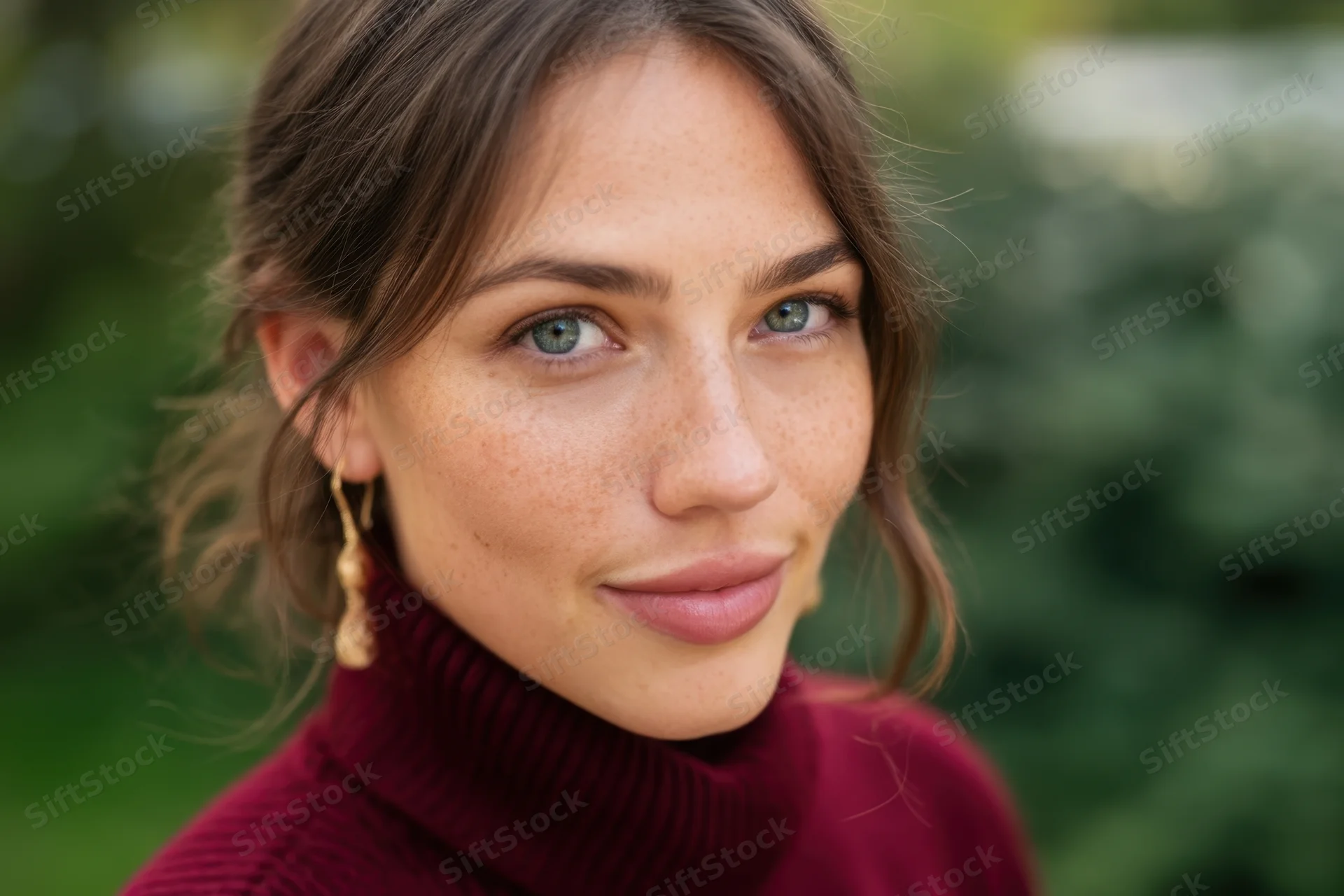 Young woman with freckles and blue-green eyes smiling softly in an outdoor setting wearing a maroon turtleneck sweater