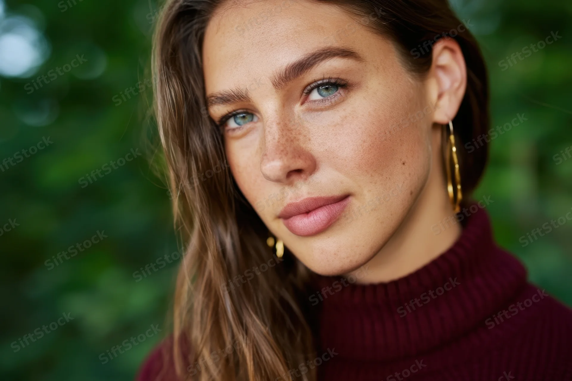 Young woman with freckles and blue-green eyes in a maroon turtleneck outdoors