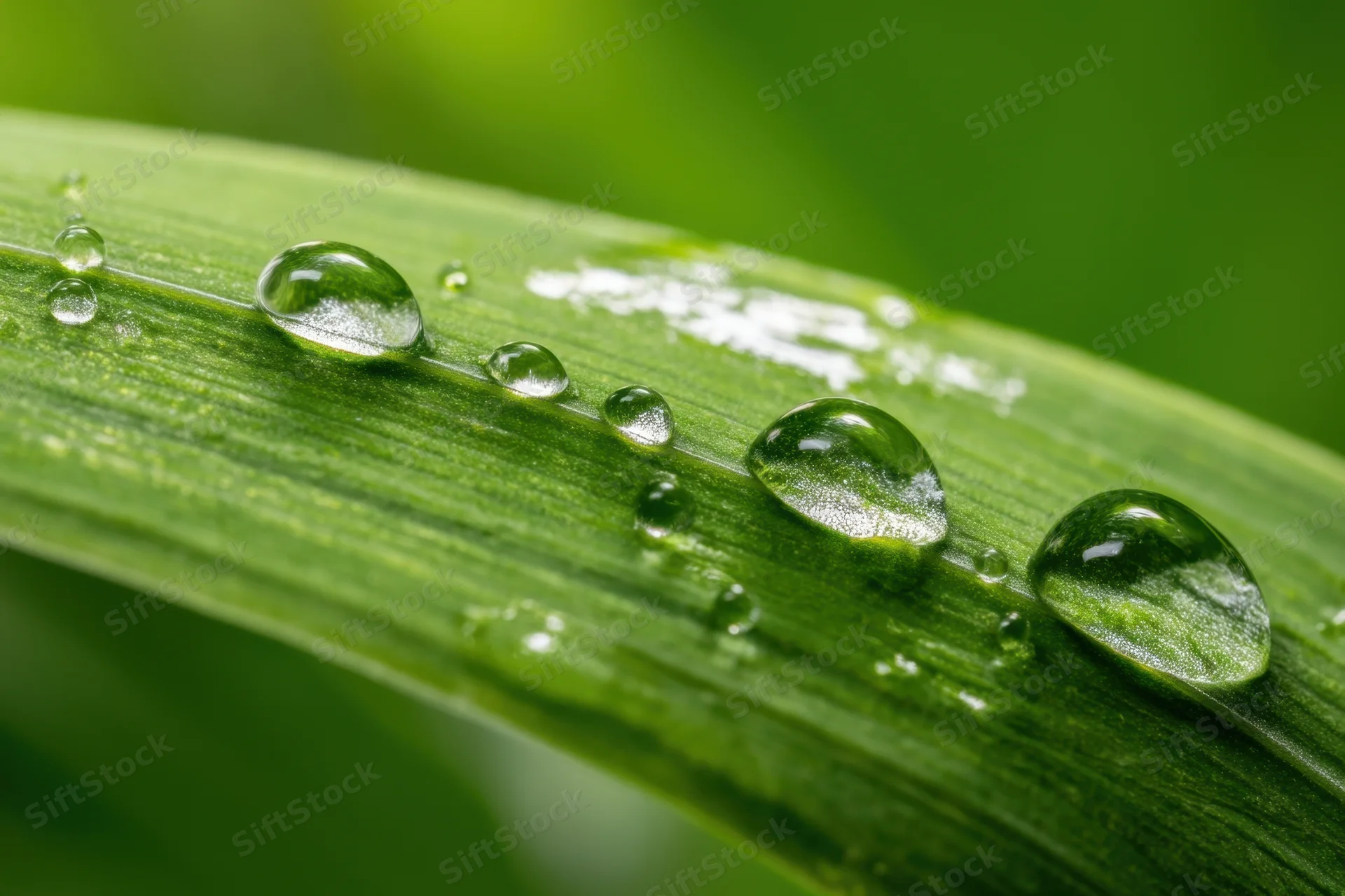 Waterdrops resting on a green leaf in a natural setting