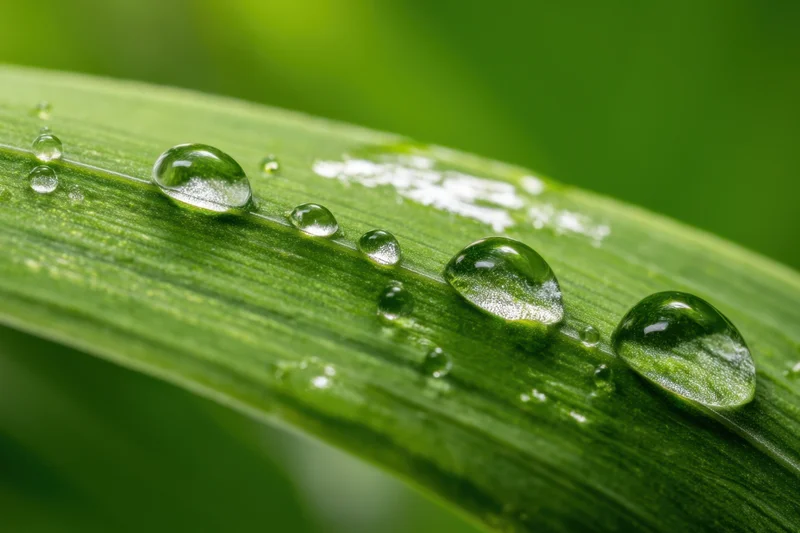 Waterdrops resting on a green leaf in a natural setting