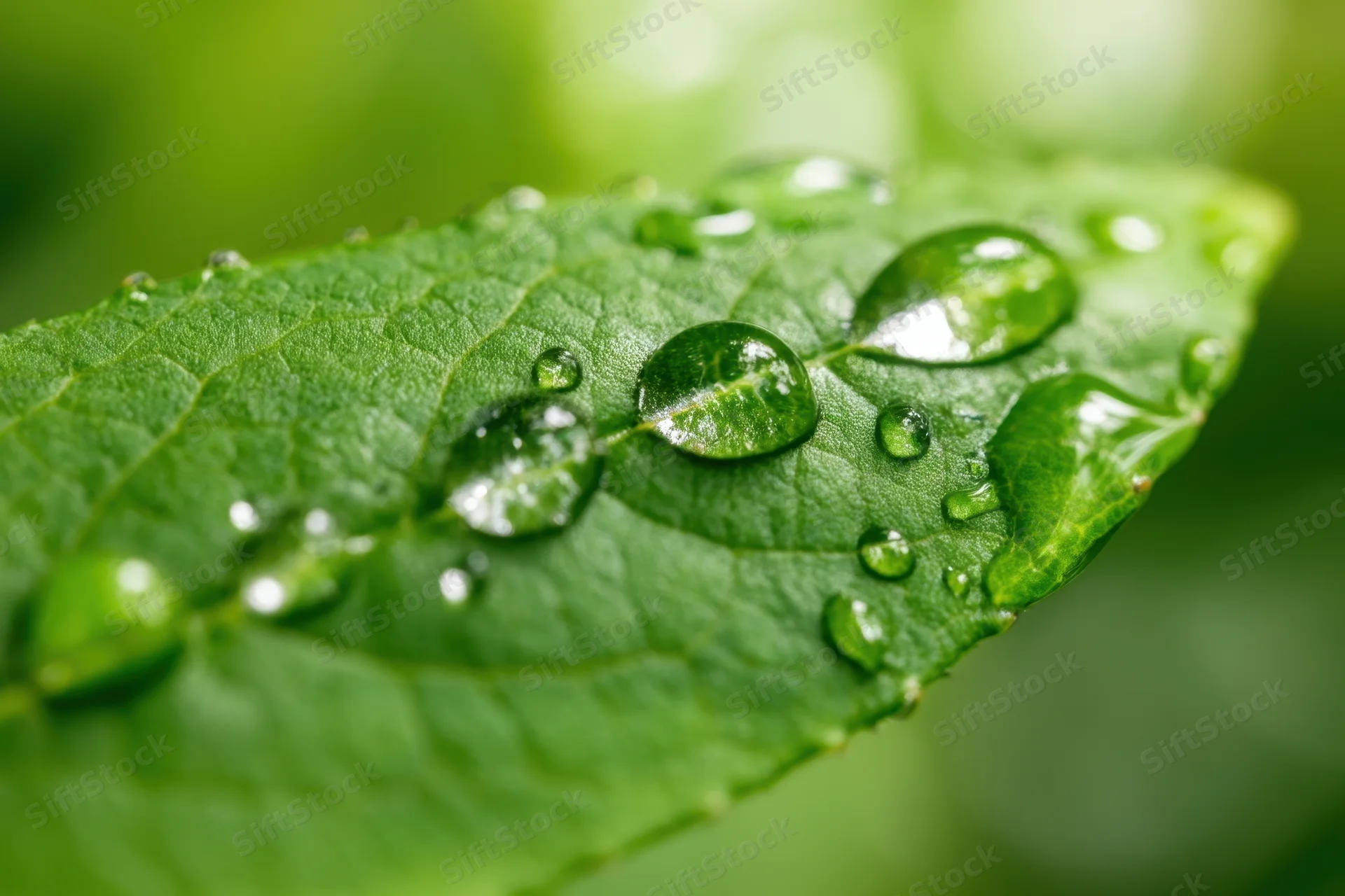 Close-up of water droplets on a green leaf in a natural setting