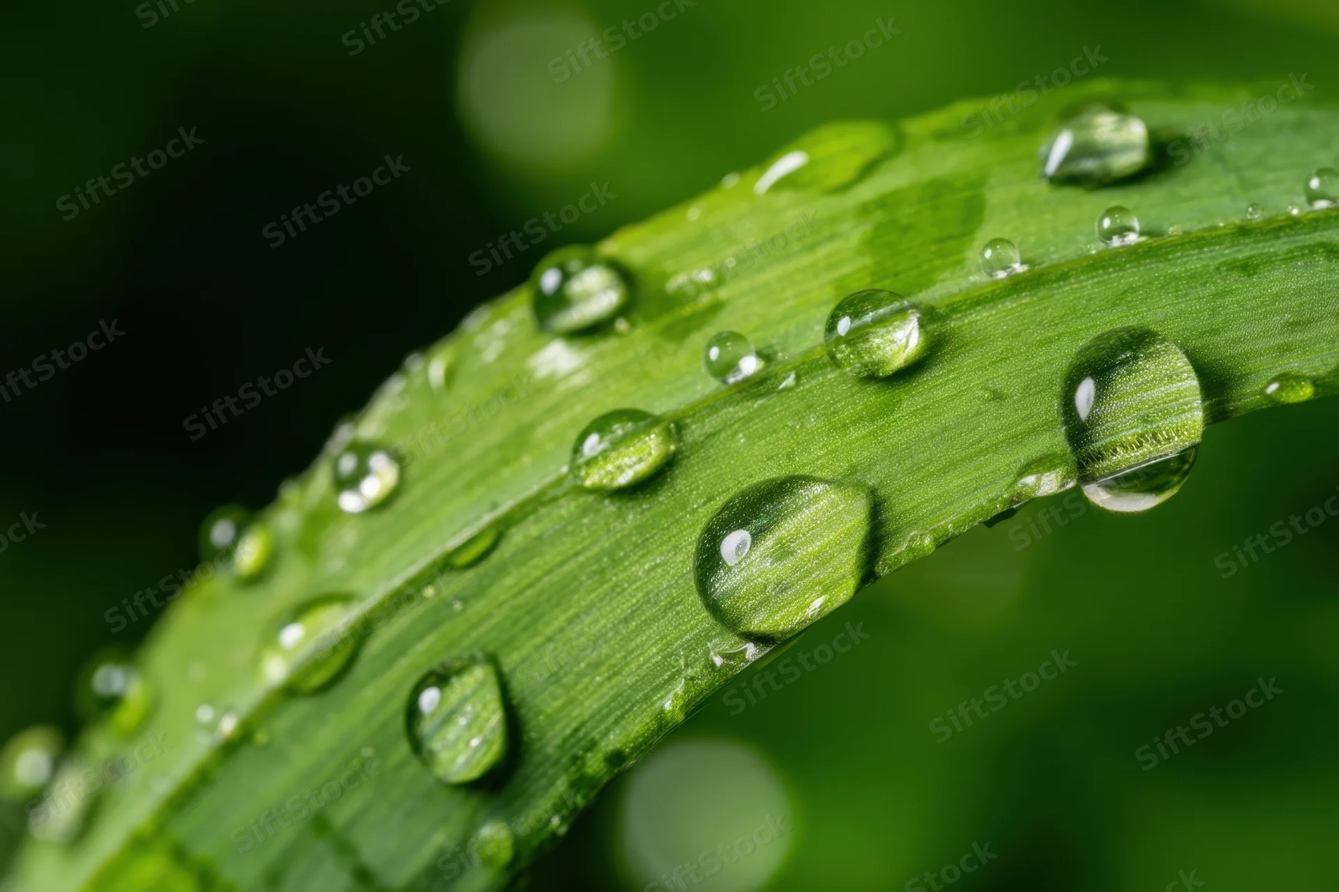 Close-up of water droplets on a green leaf with blurred natural background
