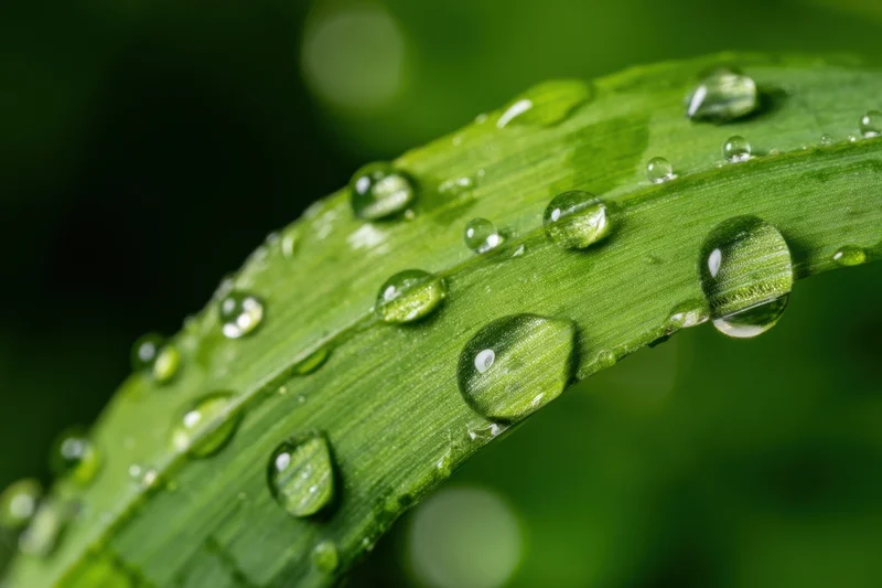 Close-up of water droplets on a green leaf with blurred natural background