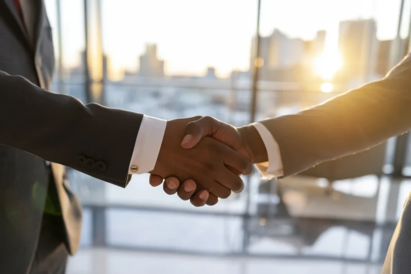 Two business professionals shaking hands in an office with city view at sunset