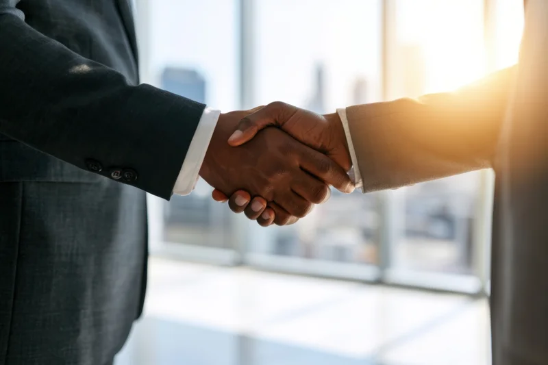 Two business professionals shaking hands in an office with city view through window