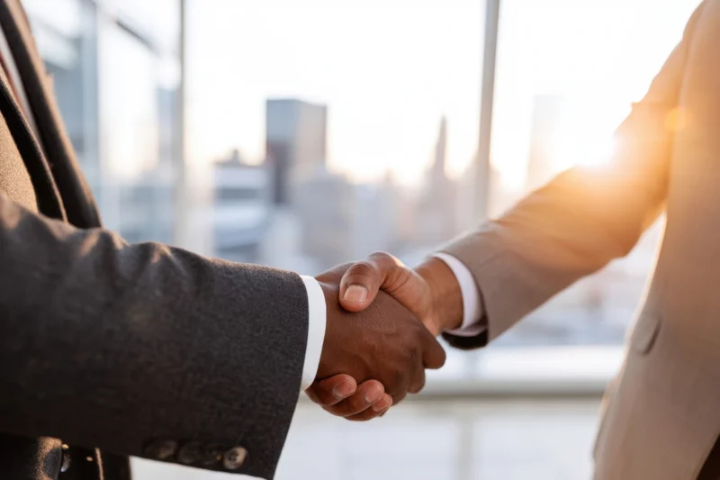 Two business professionals shaking hands in an office with city skyline view at golden hour