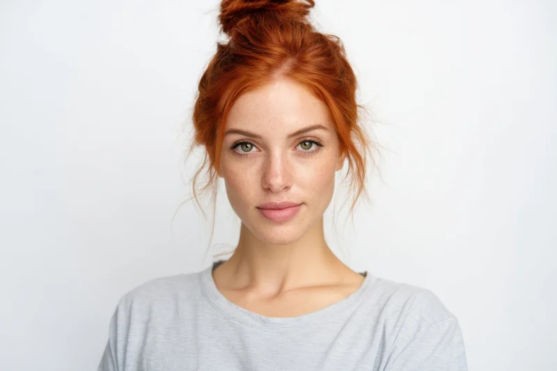 Young woman with red hair in a bun wearing a gray t-shirt against a white background