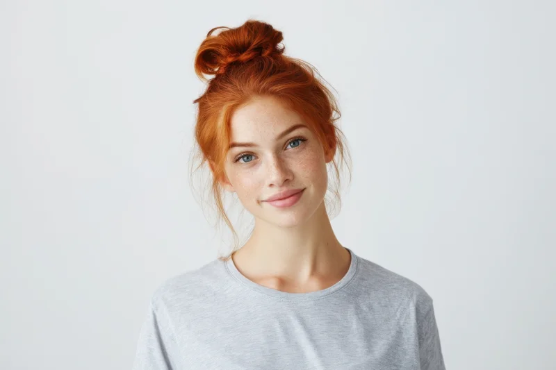 Young woman with red hair in a bun smiling softly in a studio portrait against a white background