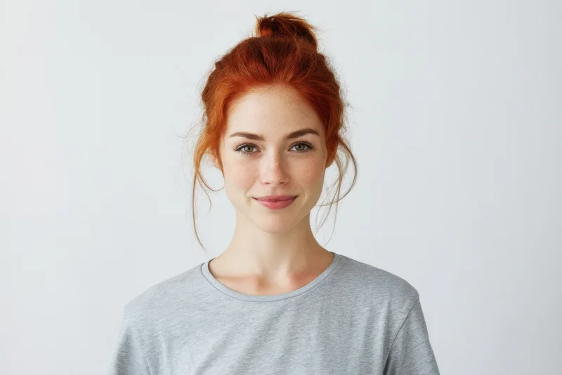 Young woman with red hair in a bun smiling at camera in a studio setting