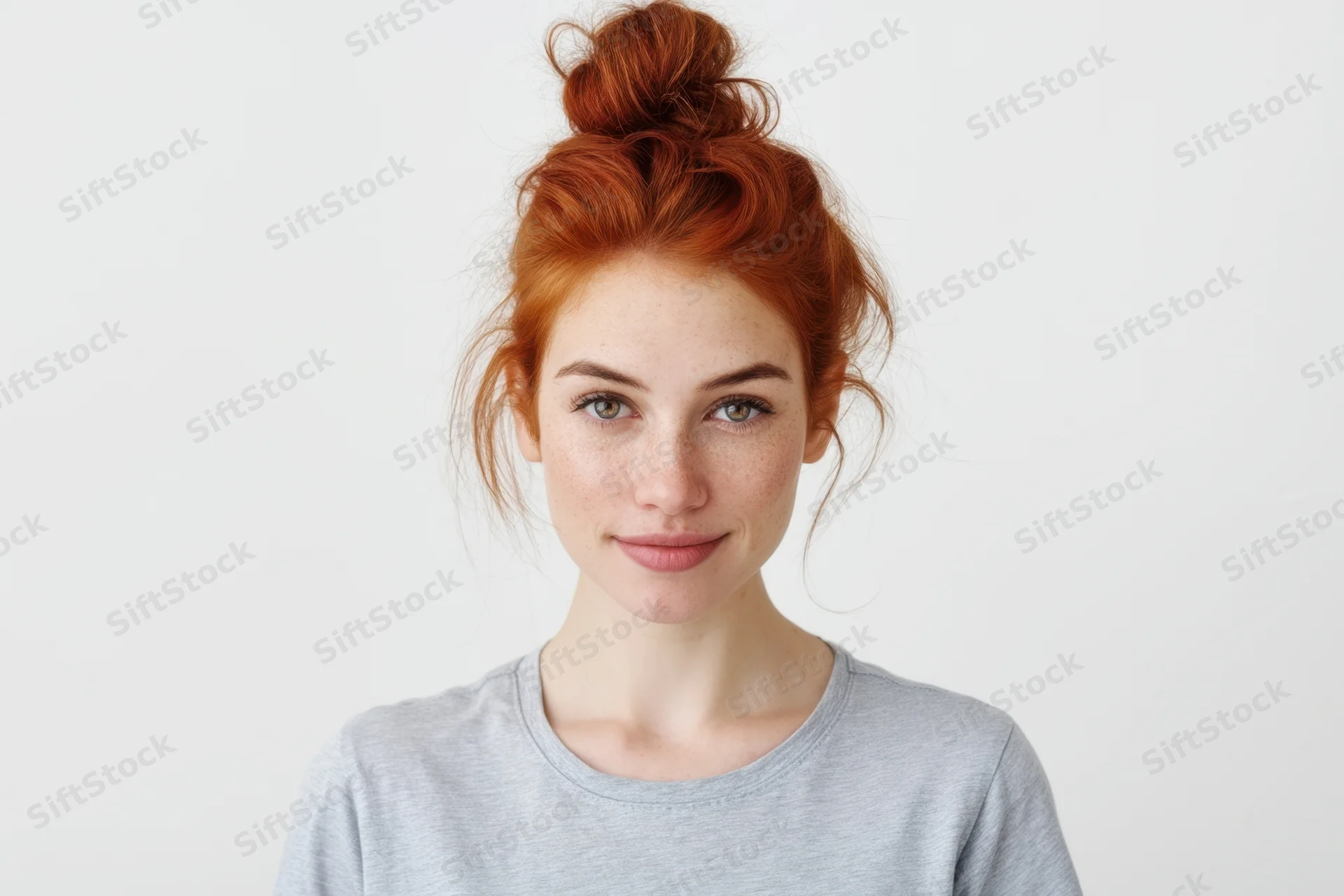 Young woman with red hair in a bun wearing a gray tshirt against a white background