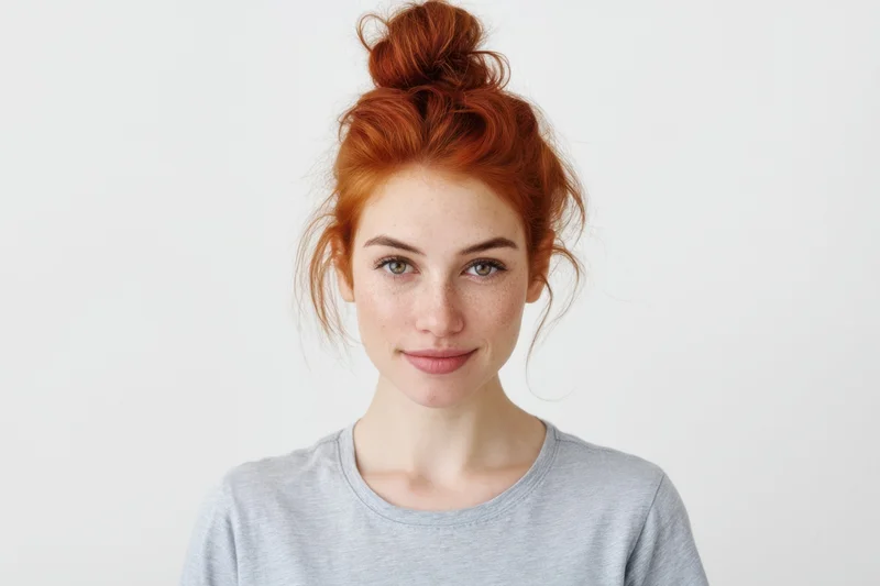Young woman with red hair in a bun wearing a gray tshirt against a white background