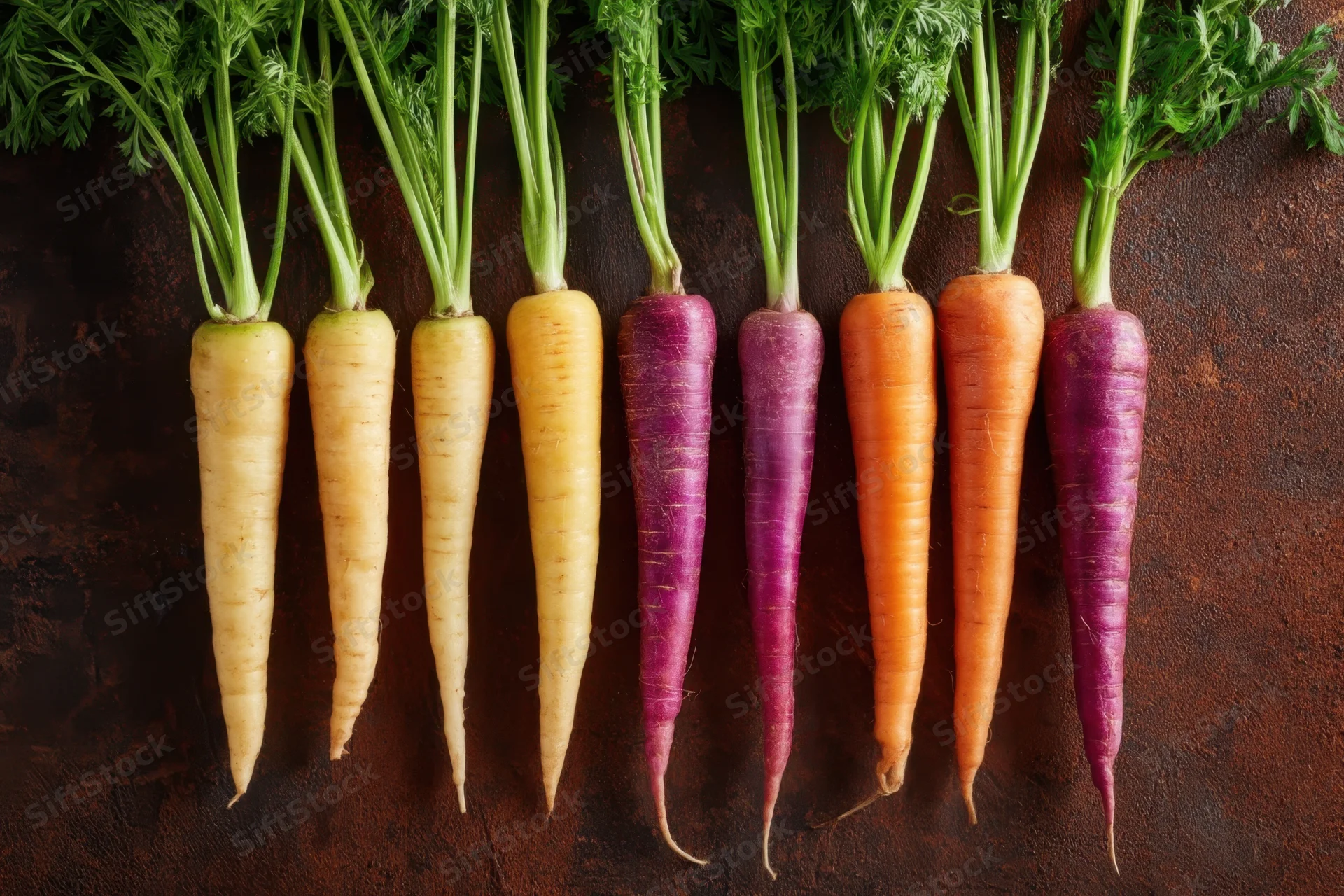 Row of rainbow carrots with green tops arranged on dark textured surface