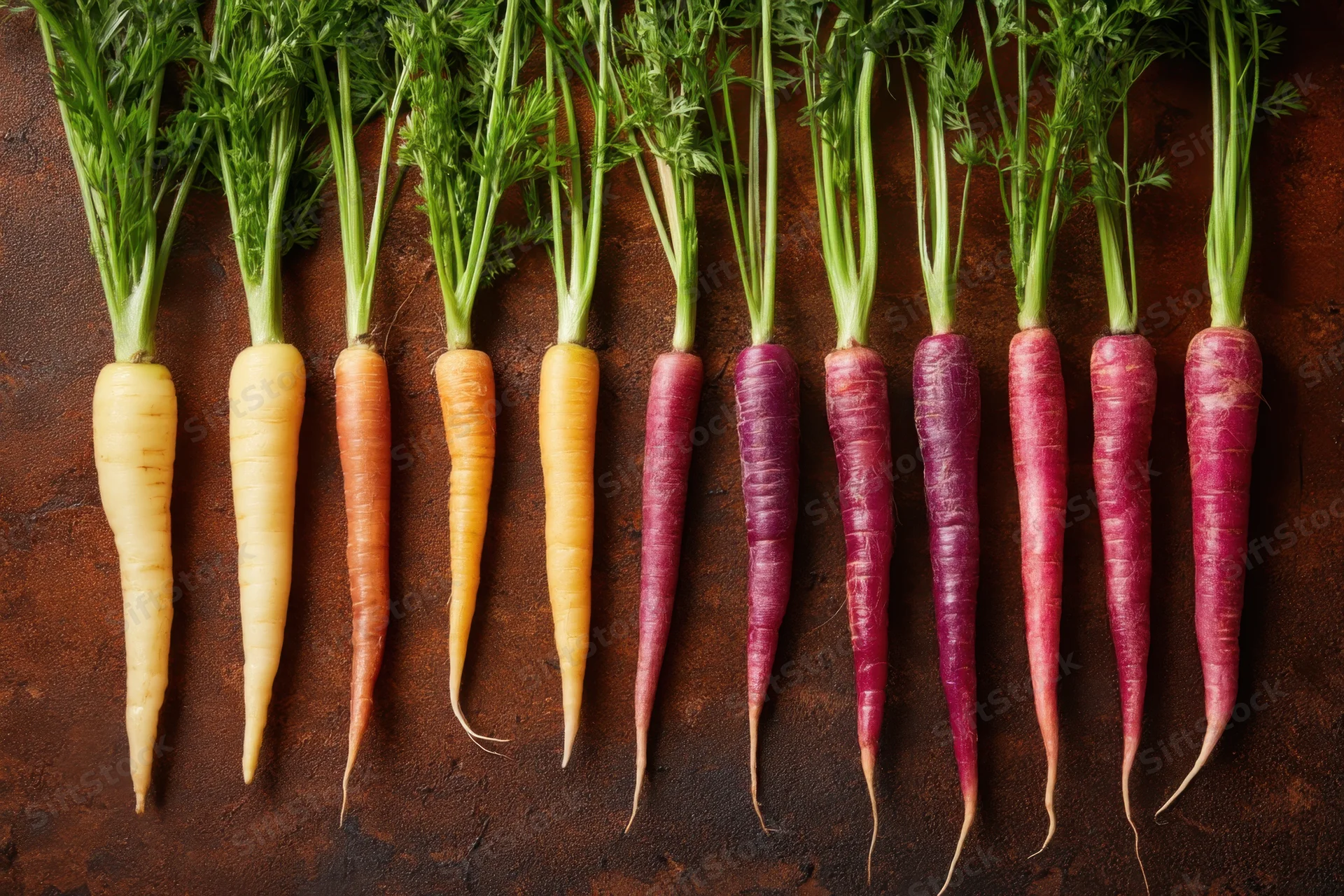 Row of rainbow carrots with green tops arranged on a dark textured surface